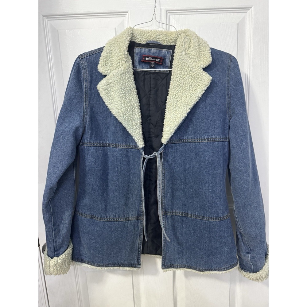 Dollhouse Women's M Denim Jacket Faux Sherpa Trim Tie Front Y2K Blue Jean Coat